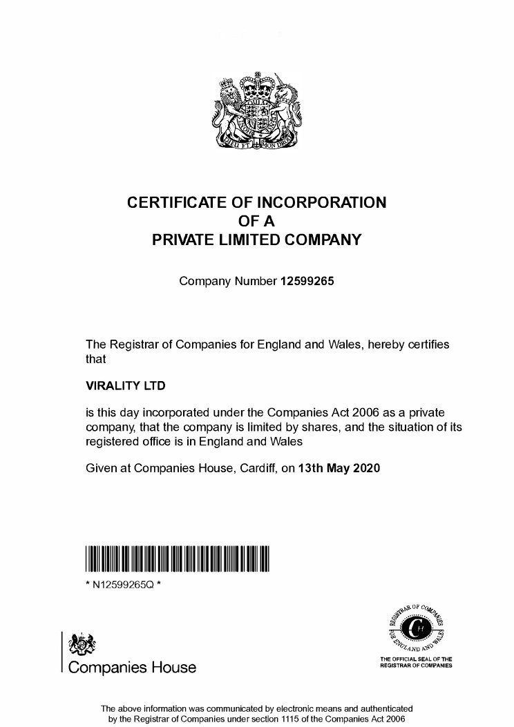 Certificate of incorporation for VIRALITY LTD